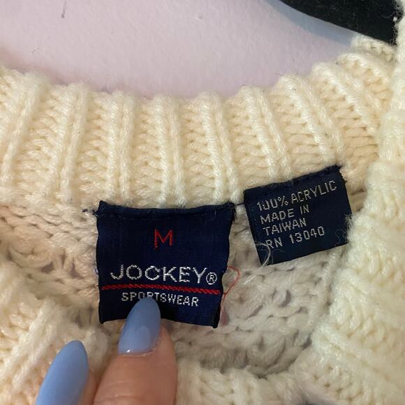 Jockey Sportswear Men's size Medium White Cream Cableknit Fishermen Sweater - Picture 2 of 9